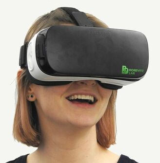 Woman wearing VR headset with Borevitz Lab logo by Maya P. Lim